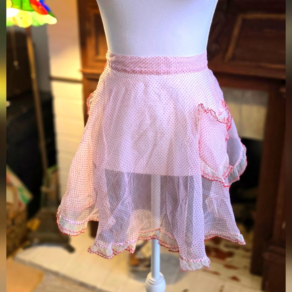 1950's Sheer White Apron Red Pok A Dots With Heart Pocket  Kitchen Vintage